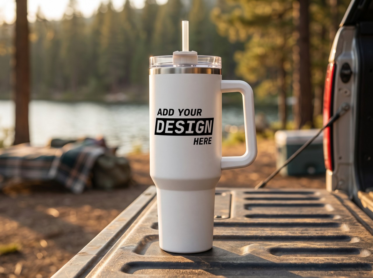 40 oz Tumbler with Handle Mockup at a Lakeside Campsite