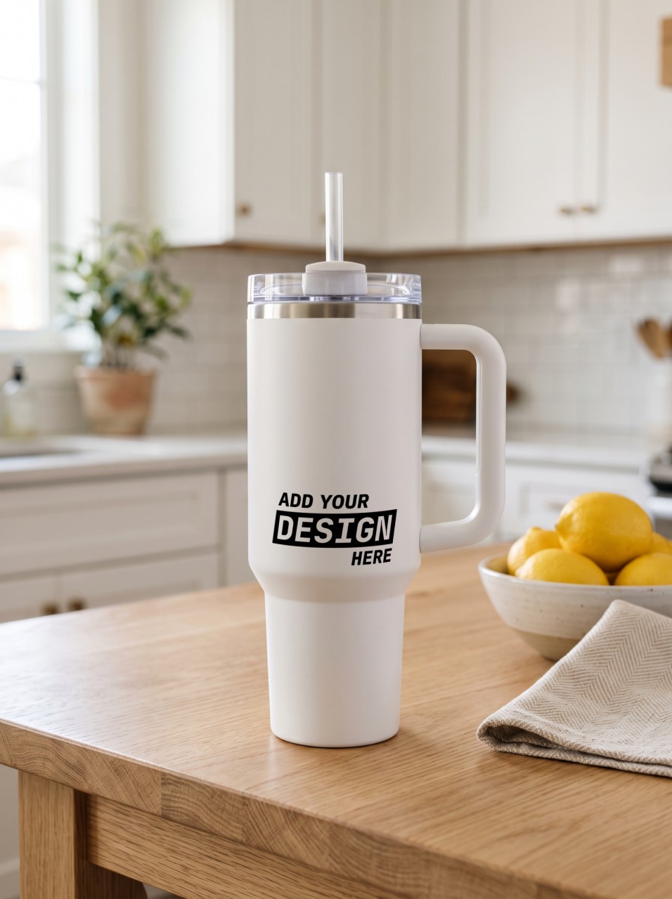 40 oz Tumbler with Handle Mockup in a Bright Kitchen