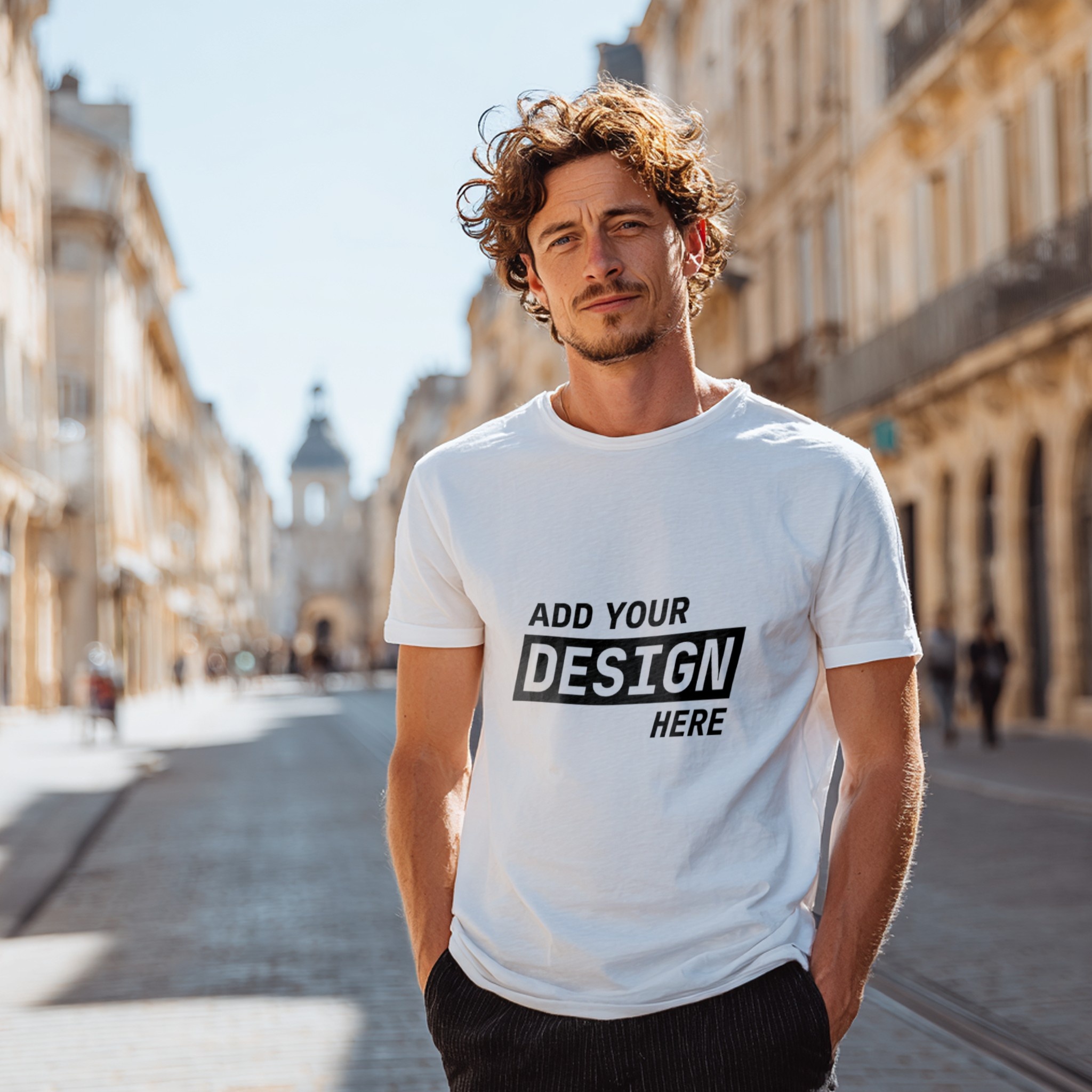 White T-Shirt Mockup Man on Bright Street