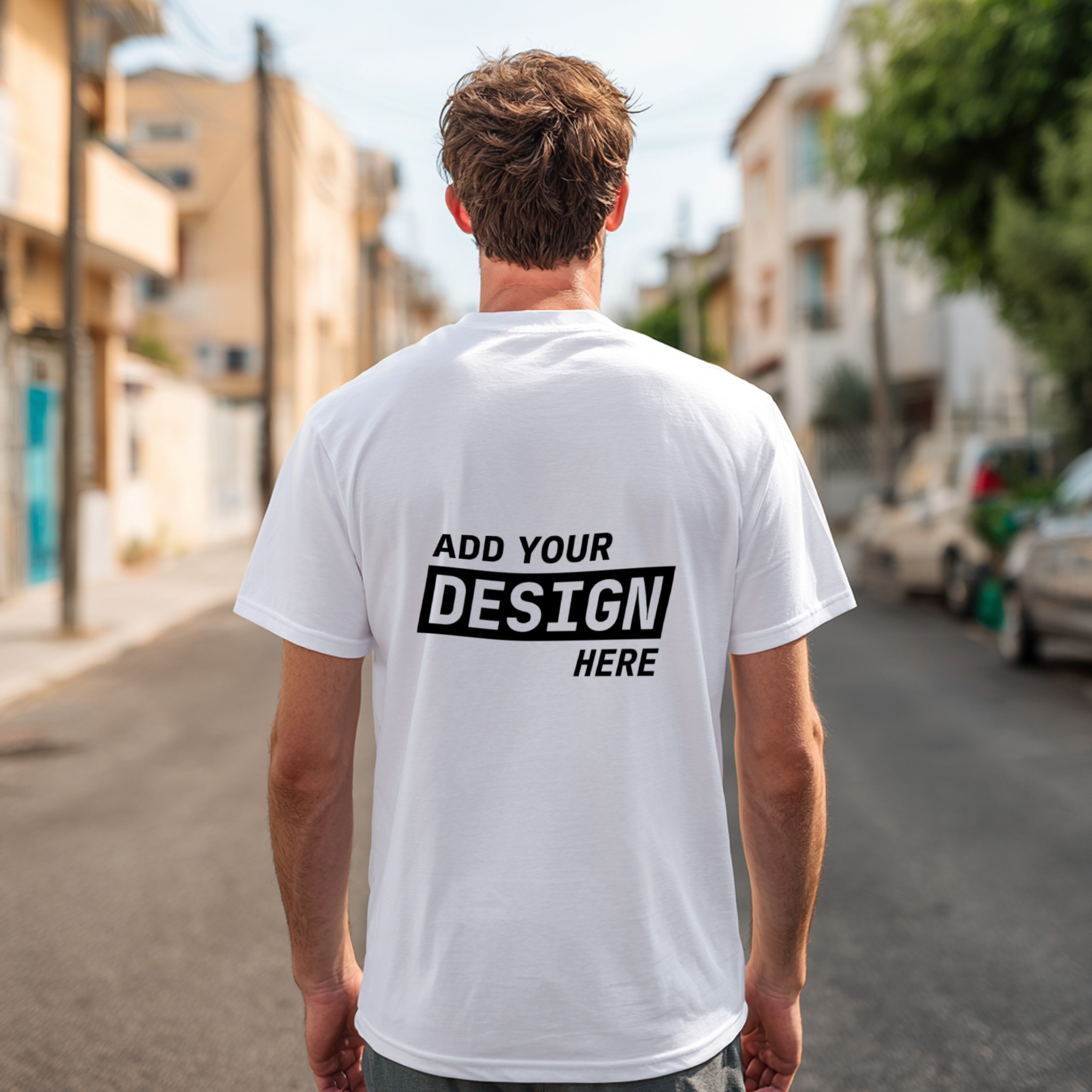 White T-Shirt Mockup Man Street Back View