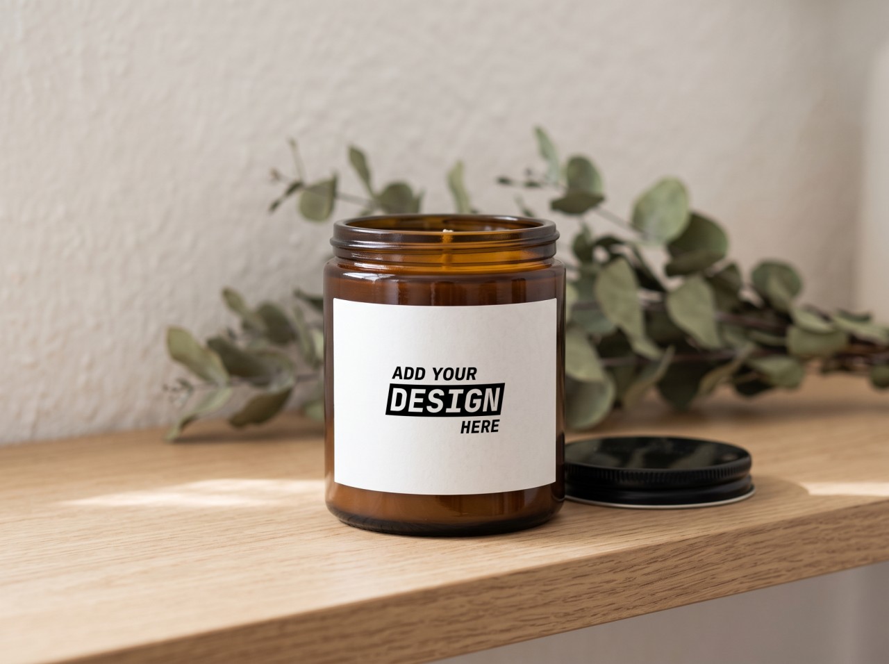 Amber Candle Jar Label Mockup on an Oak Shelf