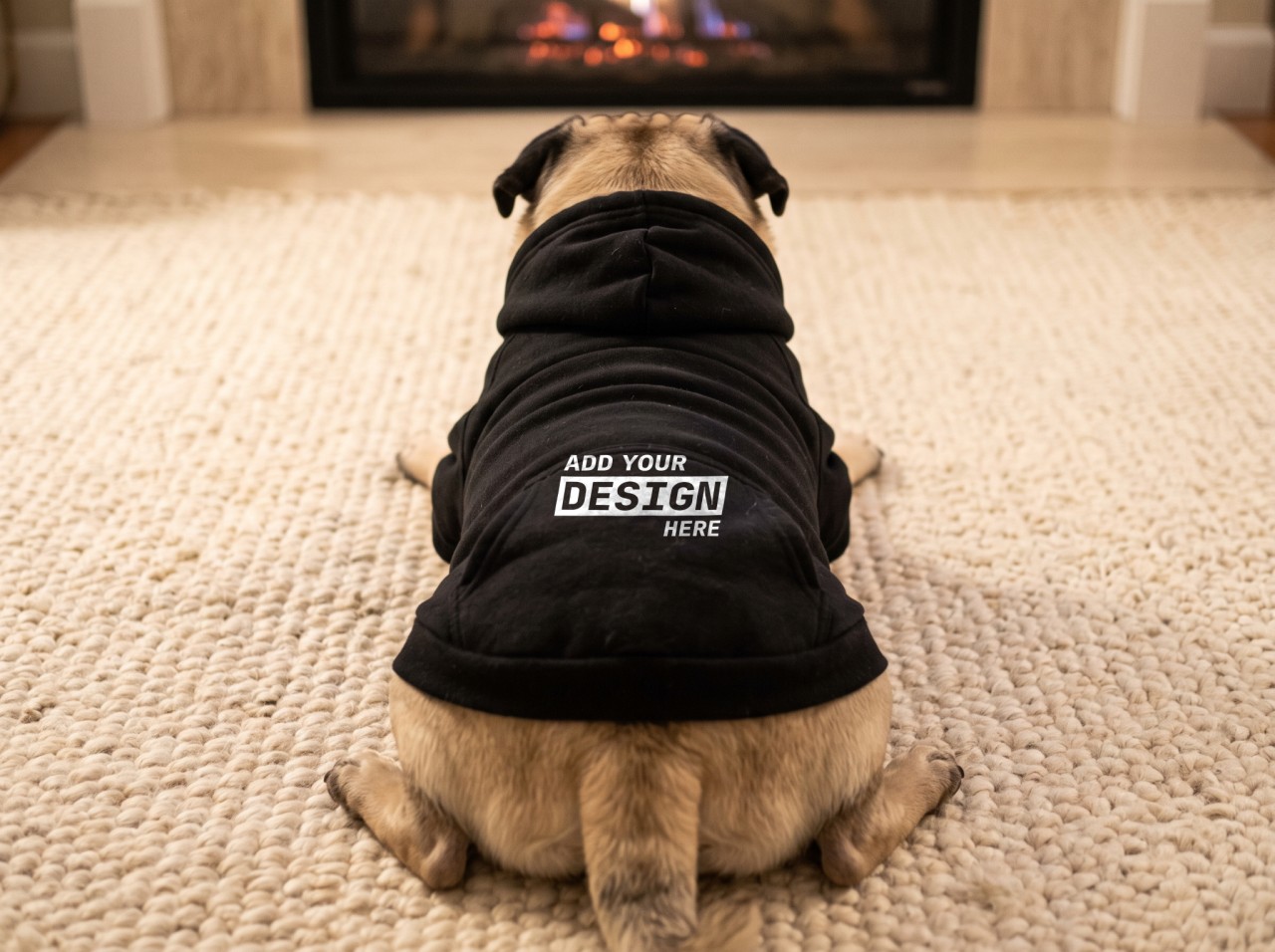 Black Dog Hoodie Mockup on a Pug by the Fireplace