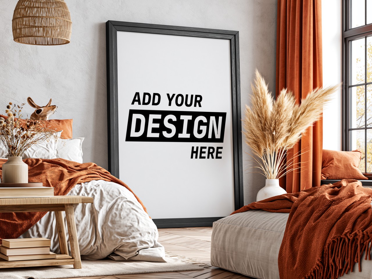 Black Frame Mockup in Boho Bedroom