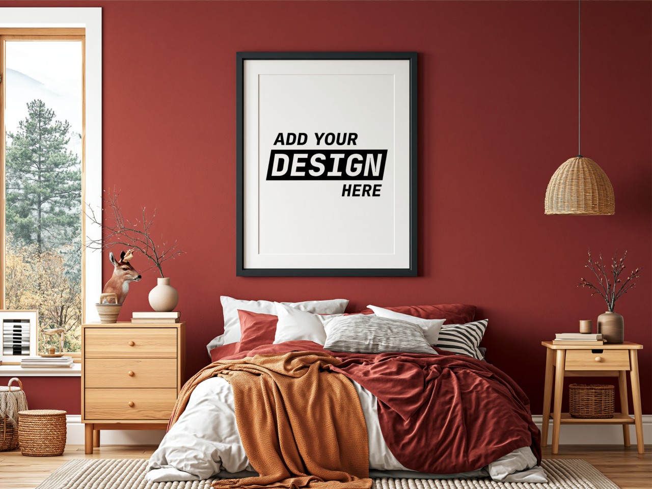 Black Frame on Burgundy Bedroom Wall