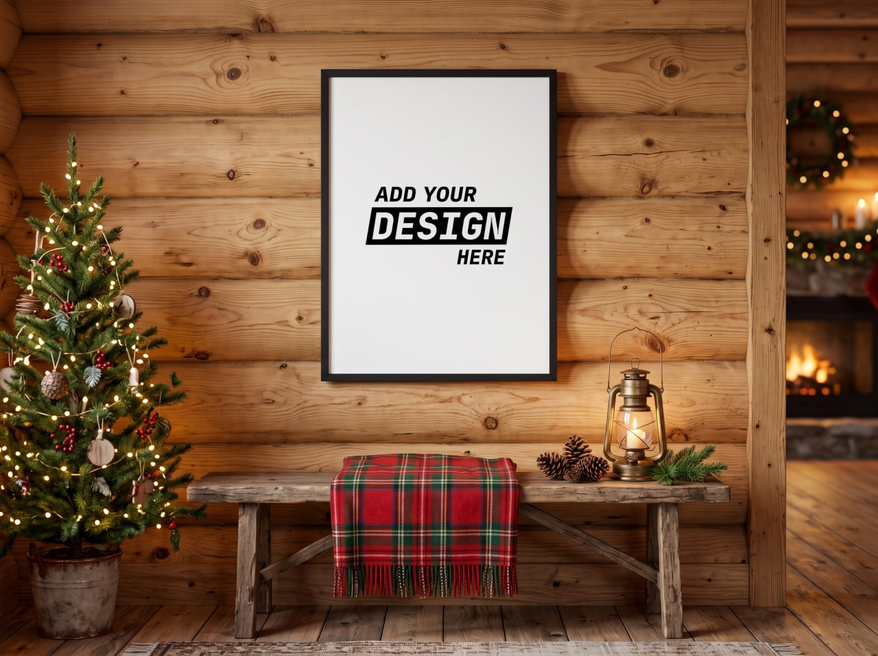 Black Frame Christmas Poster Mockup on a Log Cabin Wall with a Lantern
