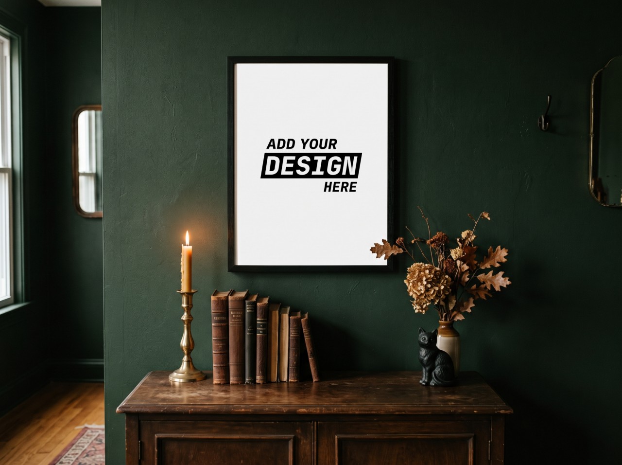 Black Frame Halloween Poster Mockup on a Dark Green Dark Academia Wall