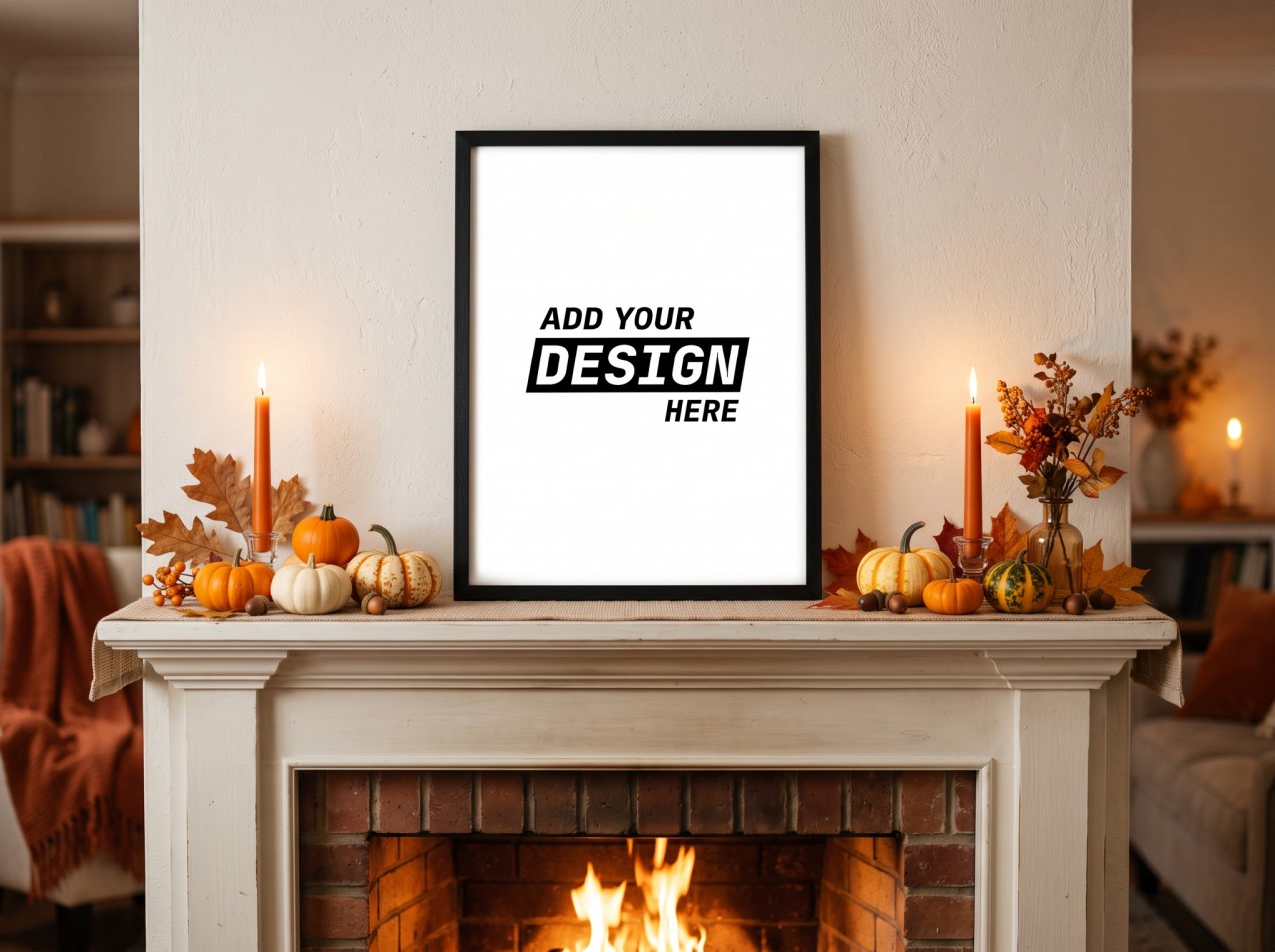 Black Frame Halloween Poster Mockup on a Fireplace Mantel with Pumpkins