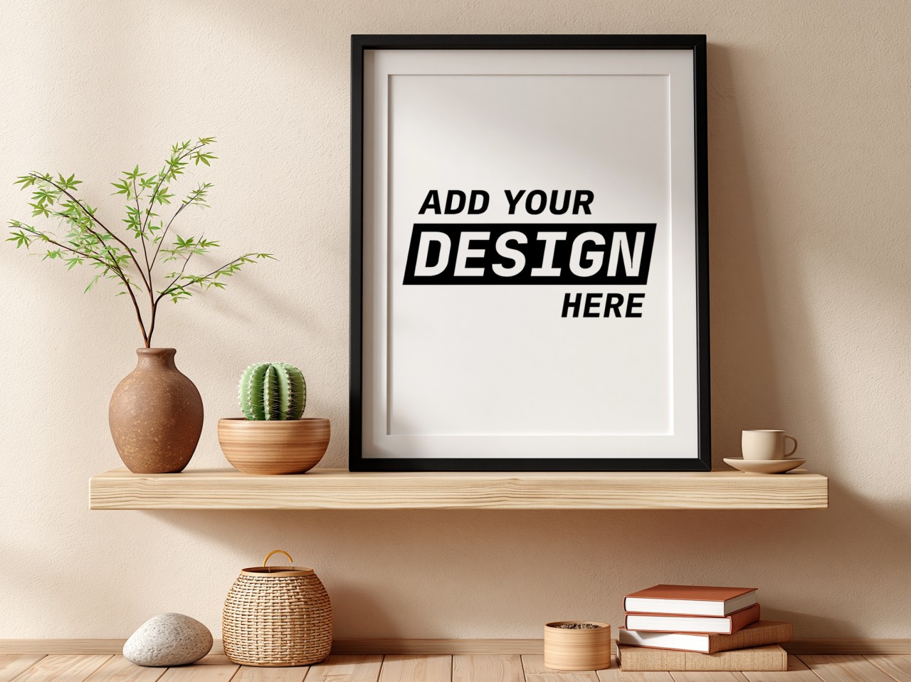 Black Frame on Wooden Shelf, Beige Wall