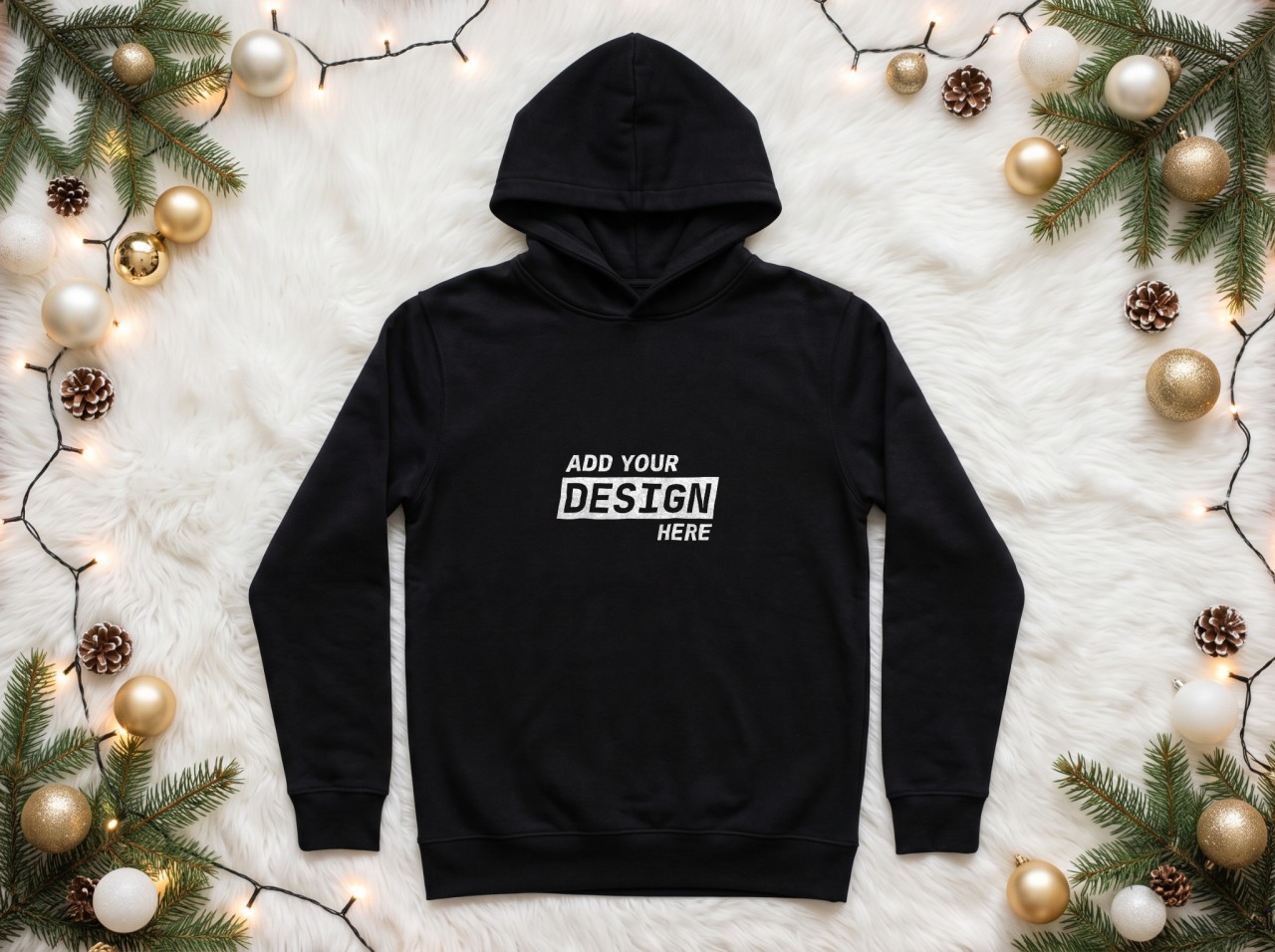 Black Hoodie Christmas Mockup Flat Lay on Faux Fur with Gold Baubles