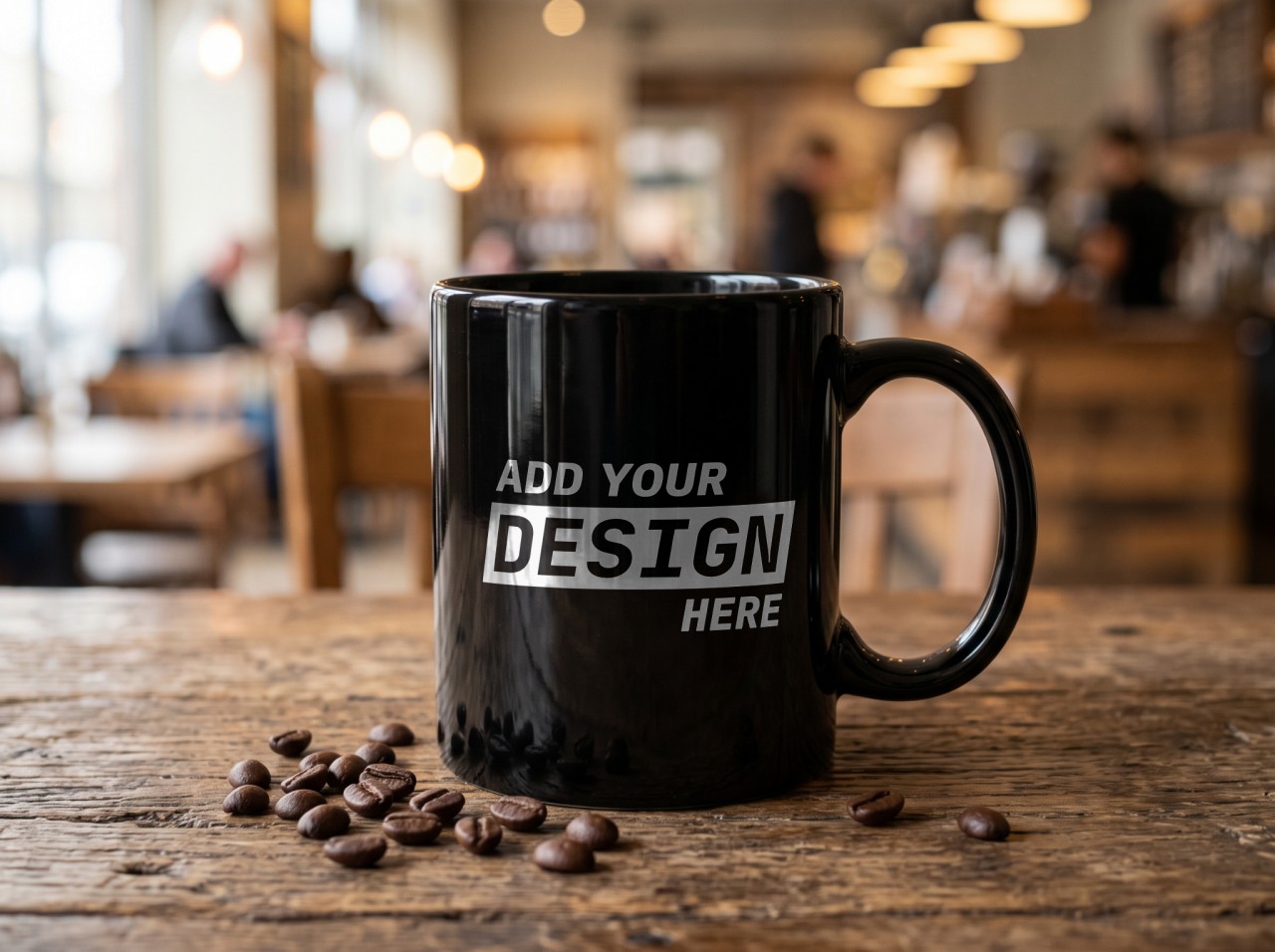 Black Mug Mockup on a Rustic Cafe Table