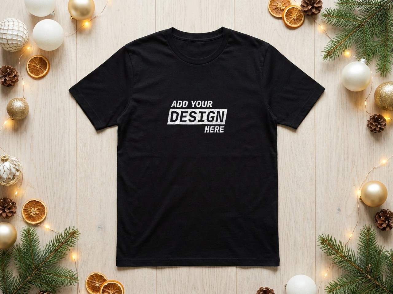 Black T-Shirt Christmas Mockup Flat Lay with Gold Baubles and Dried Oranges