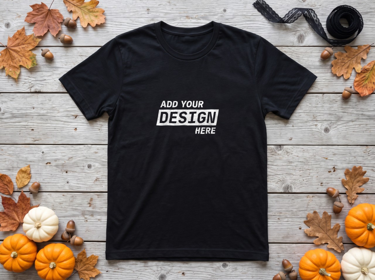 Black T-Shirt Halloween Mockup Flat Lay with White Pumpkins and Leaves