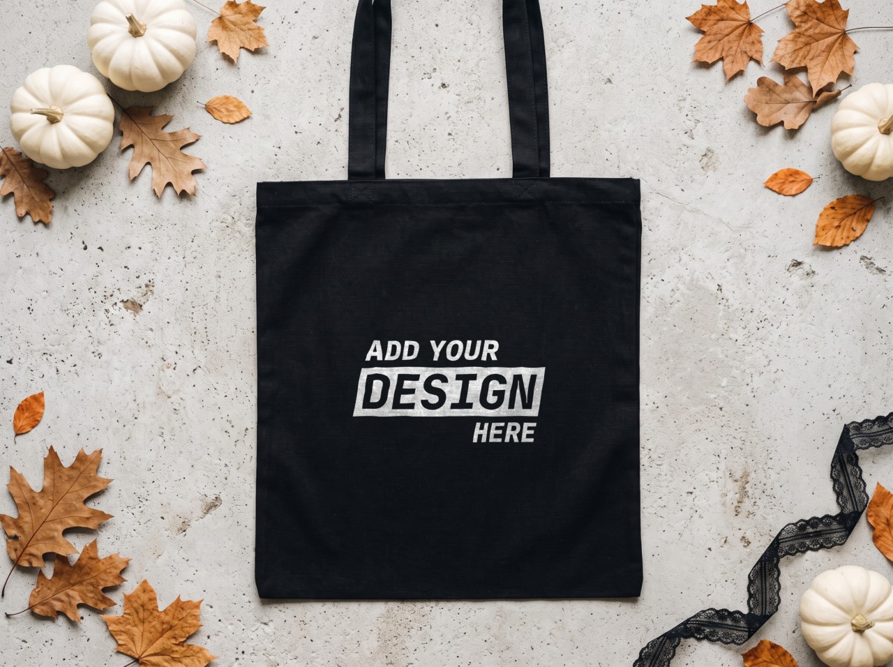 Black Tote Bag Halloween Mockup Flat Lay with White Pumpkins