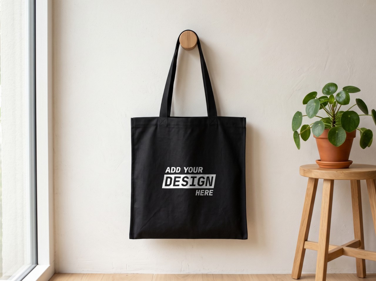 Black Tote Bag Mockup on a Wooden Wall Peg