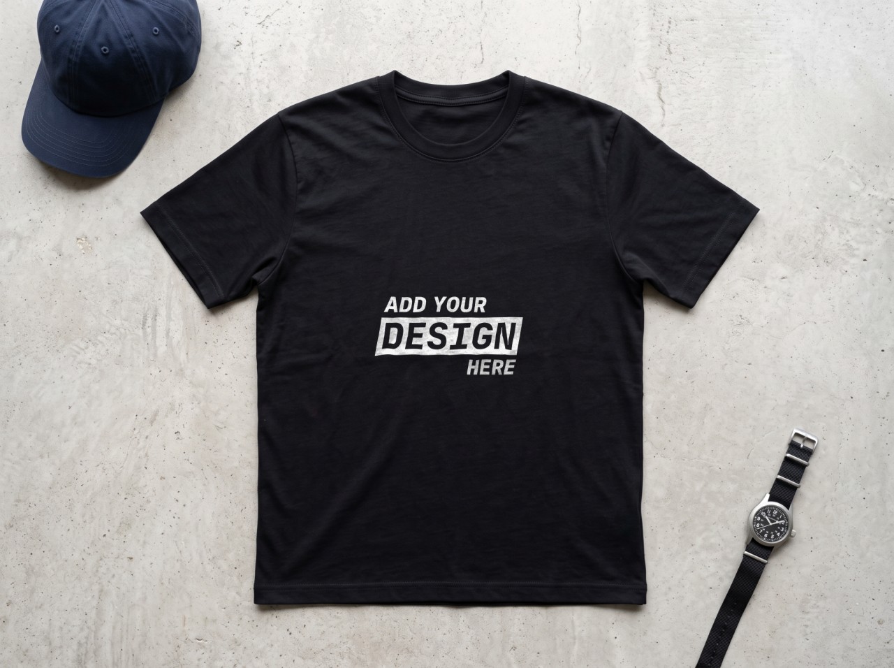 Black T-Shirt Flat Lay Mockup on Concrete