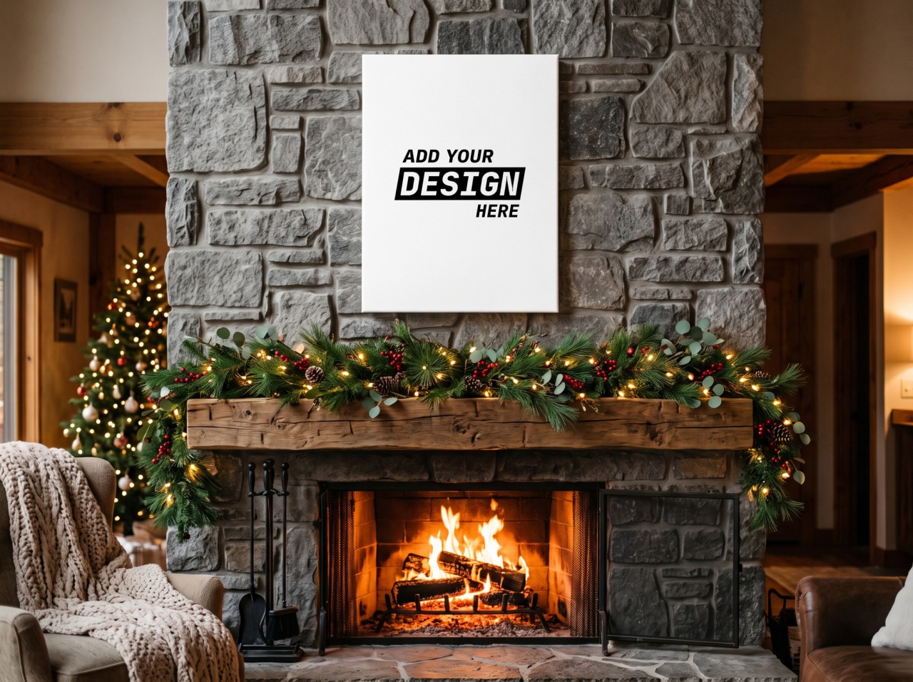 Canvas Print Christmas Mockup Above a Stone Fireplace with a Garland