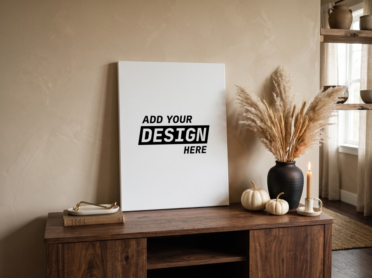 Canvas Print Halloween Mockup on a Sideboard with Pampas and a Black Vase