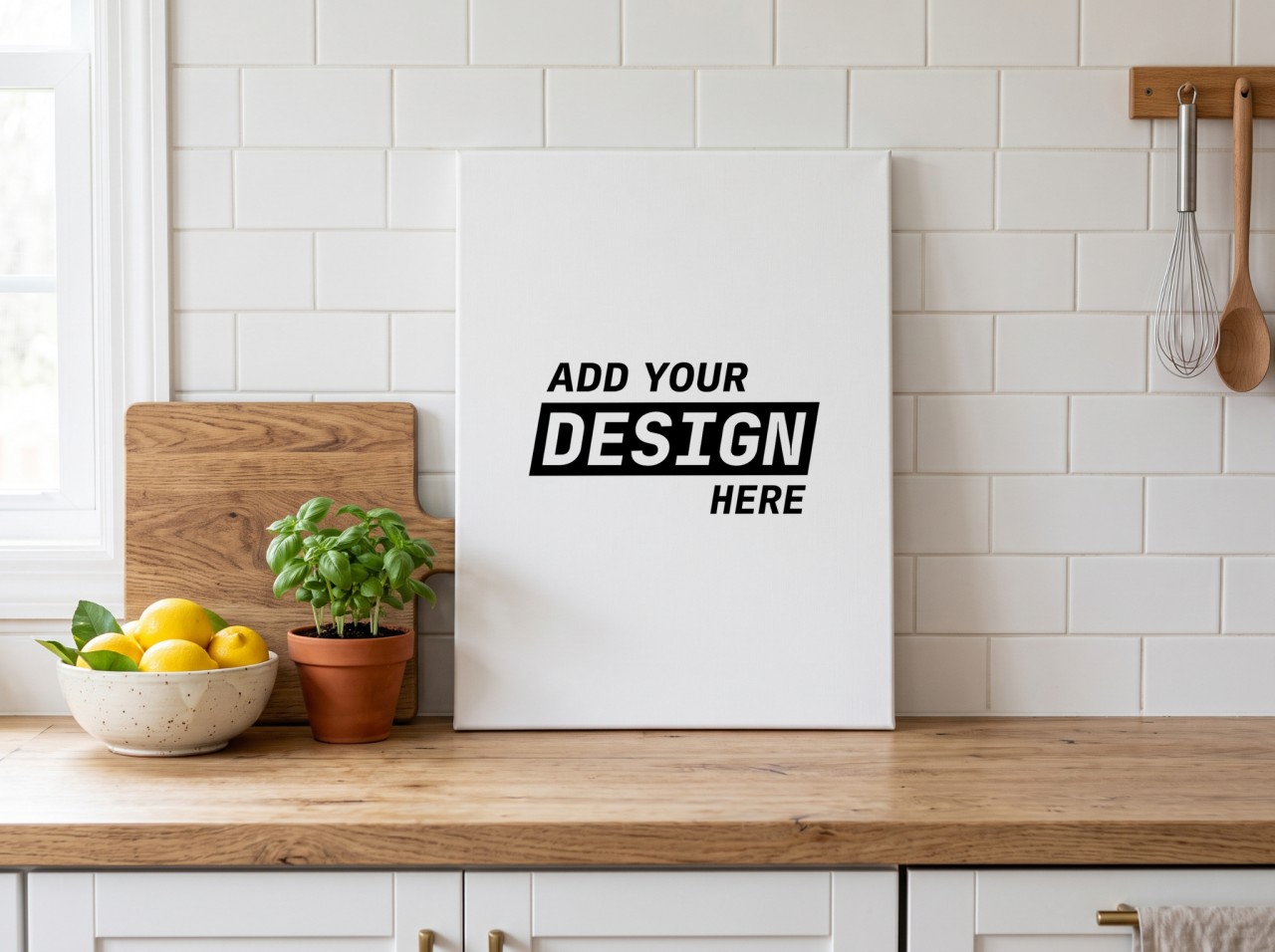 Canvas Print Mockup Leaning in a White Kitchen