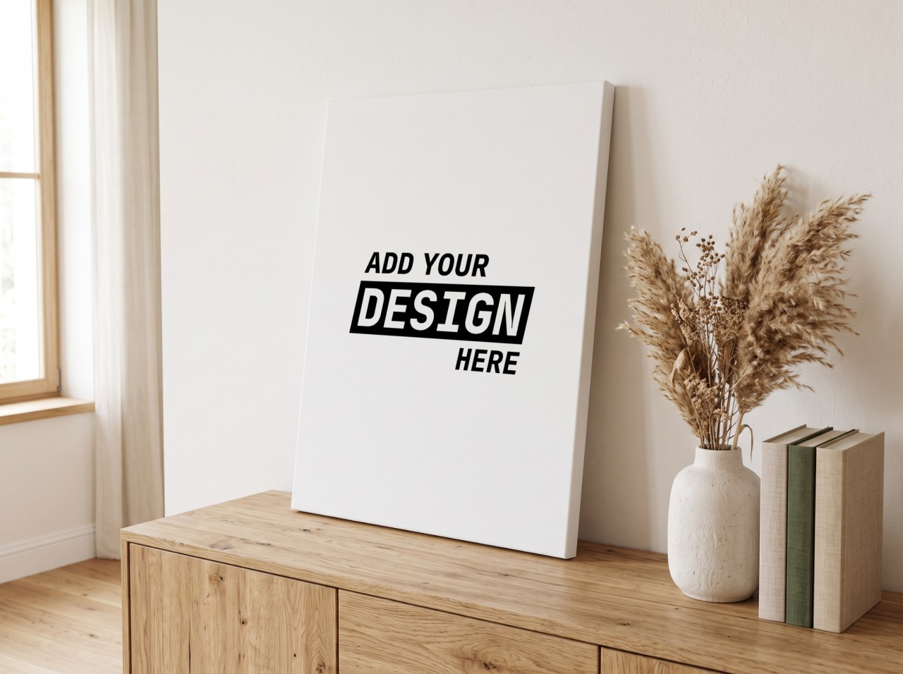 Canvas Print Mockup Leaning on an Oak Sideboard