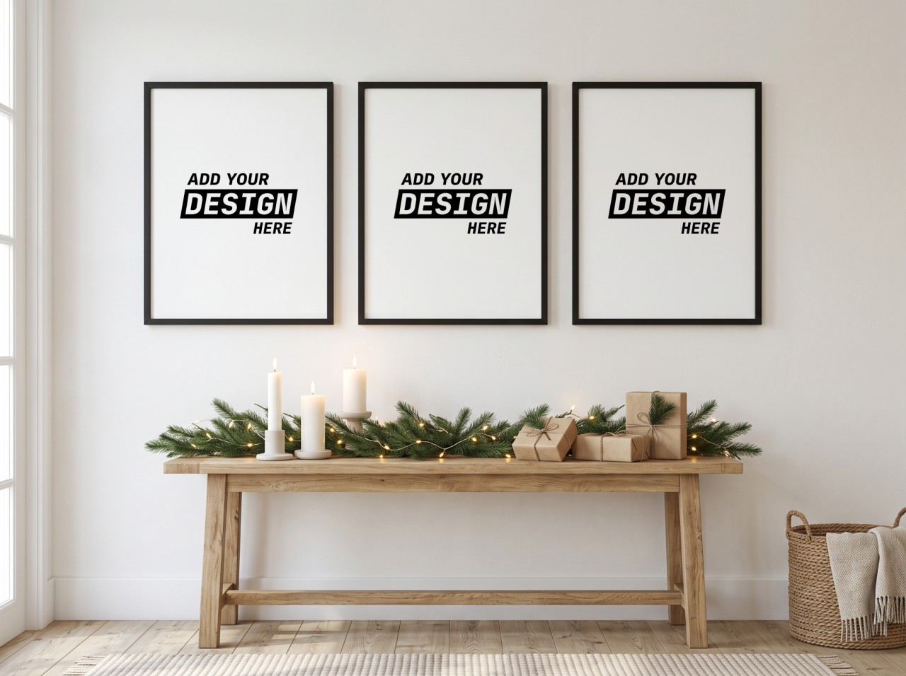 Christmas Gallery Wall Mockup: Three Black Frames Above a Garland Console