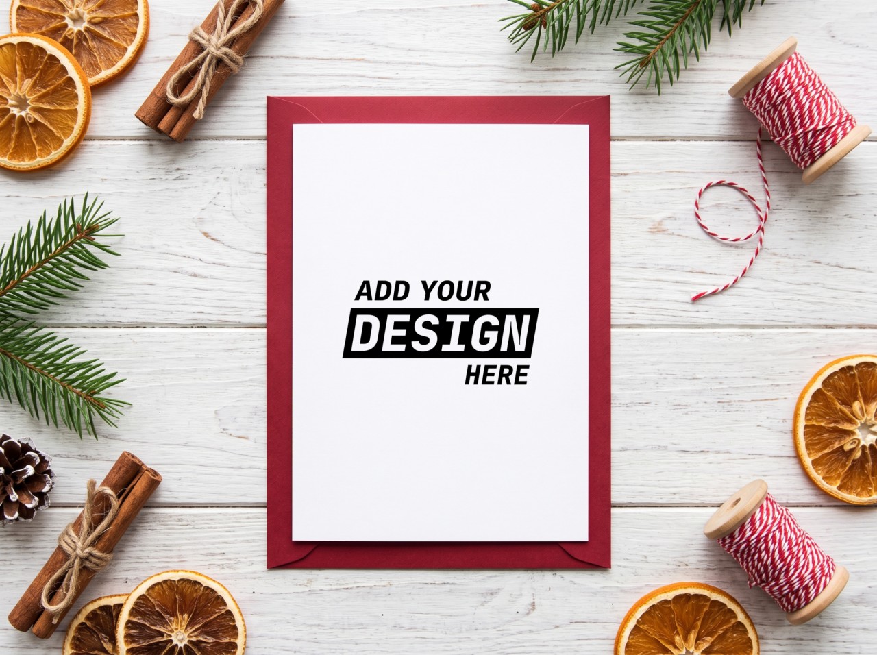 Christmas Greeting Card Mockup on a Red Envelope with Dried Oranges