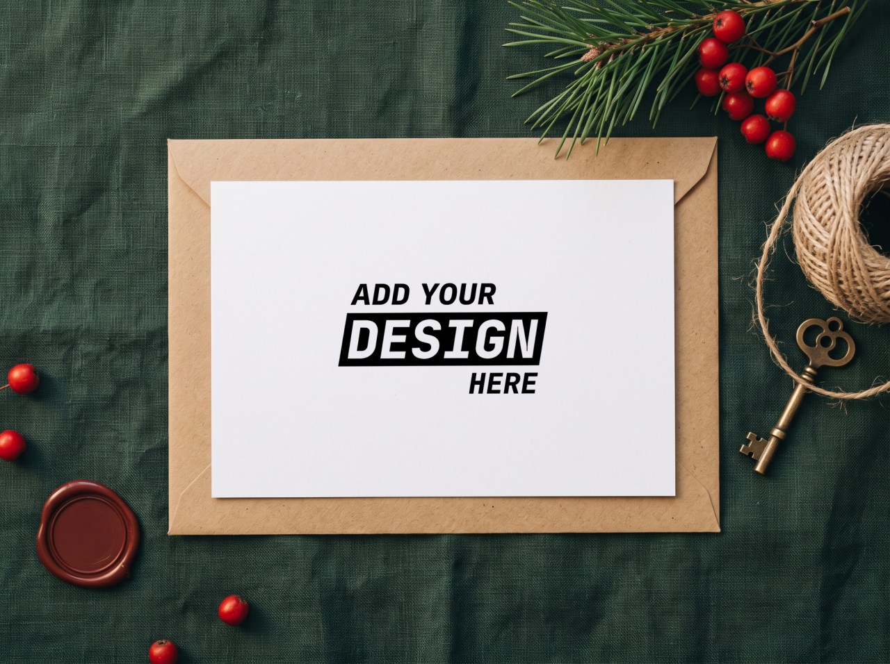 Christmas Postcard Mockup on a Kraft Envelope with Pine and Berries