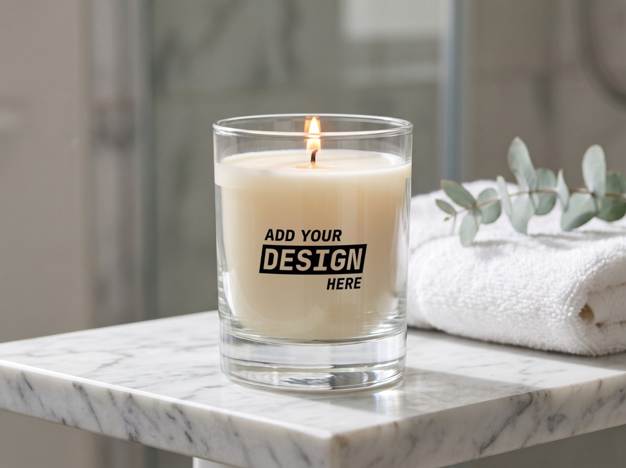 Clear Glass Candle Mockup on a Marble Bathroom Shelf