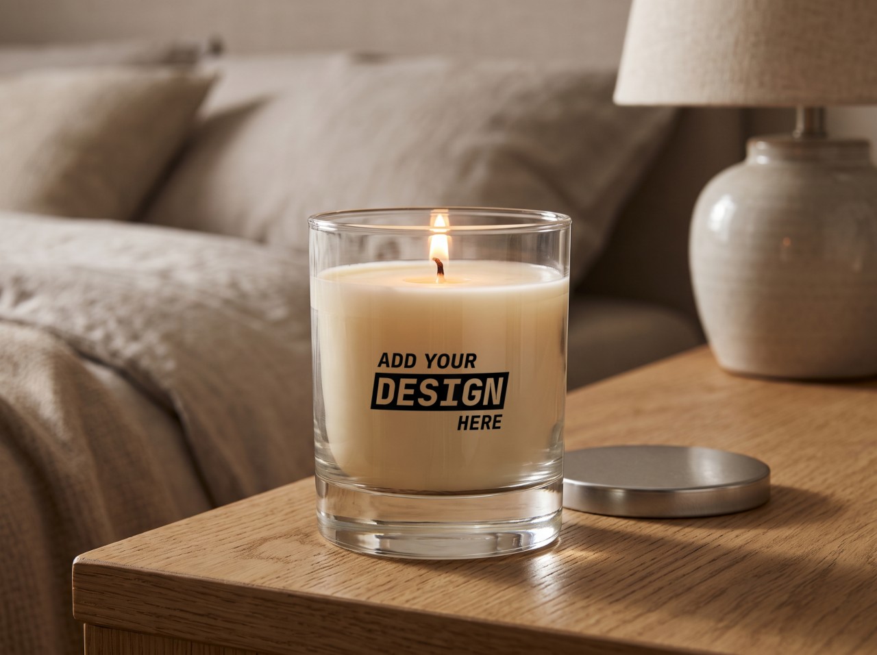 Clear Glass Candle Mockup on an Oak Nightstand