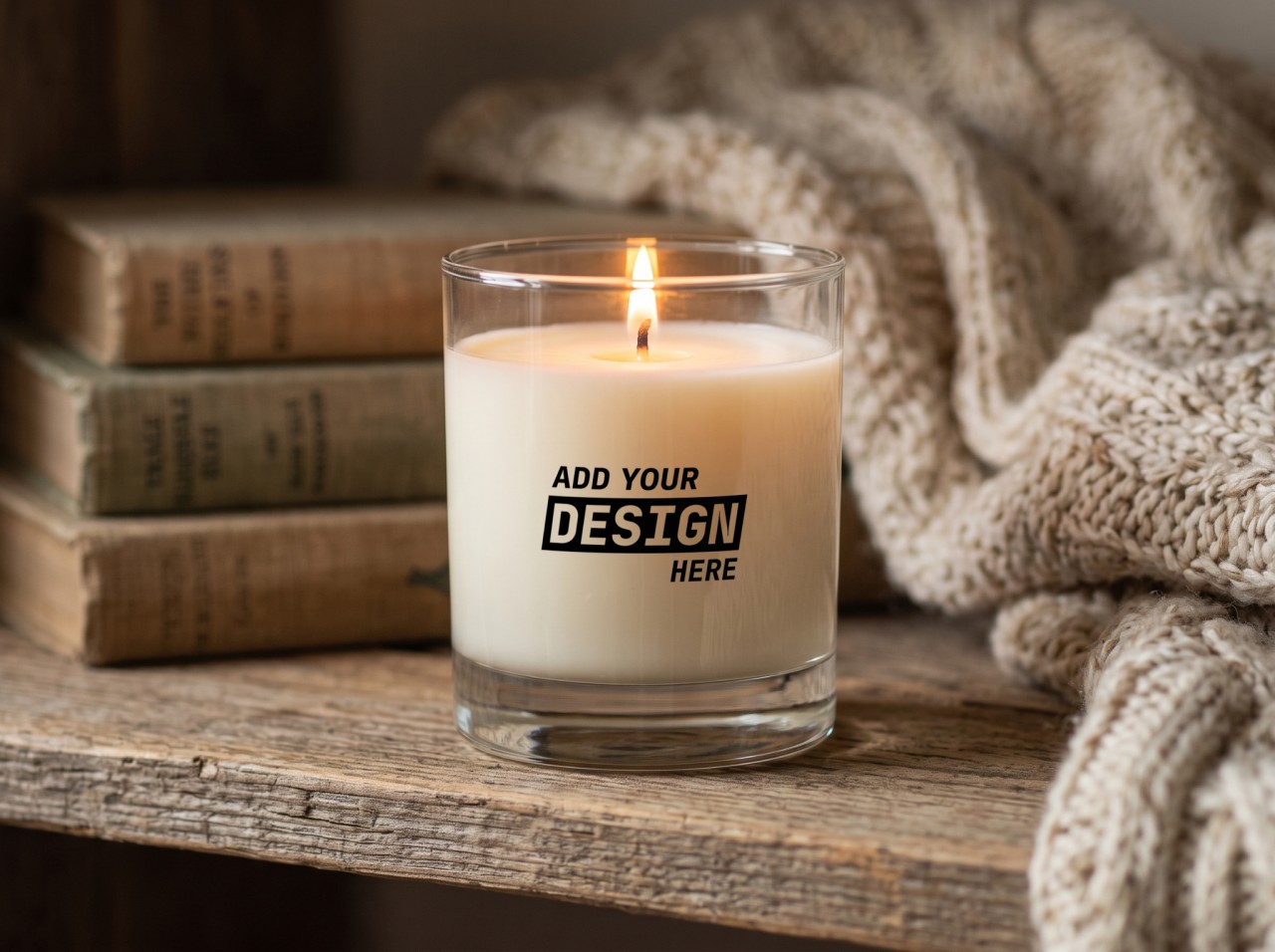 Clear Glass Candle Mockup on a Rustic Wood Shelf with Books