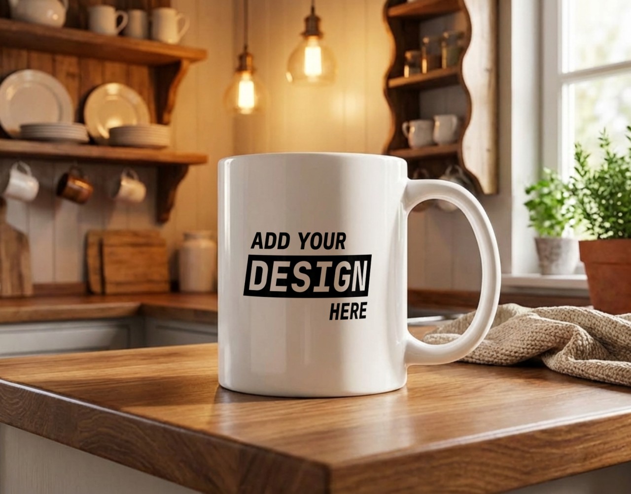 Coffee Mug Mockup on Wooden Kitchen Counter