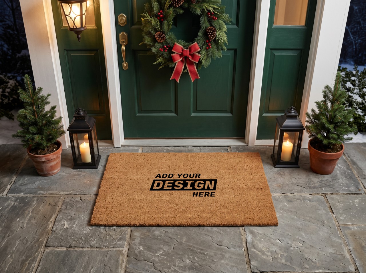 Coir Doormat Christmas Mockup at a Green Front Door with a Wreath