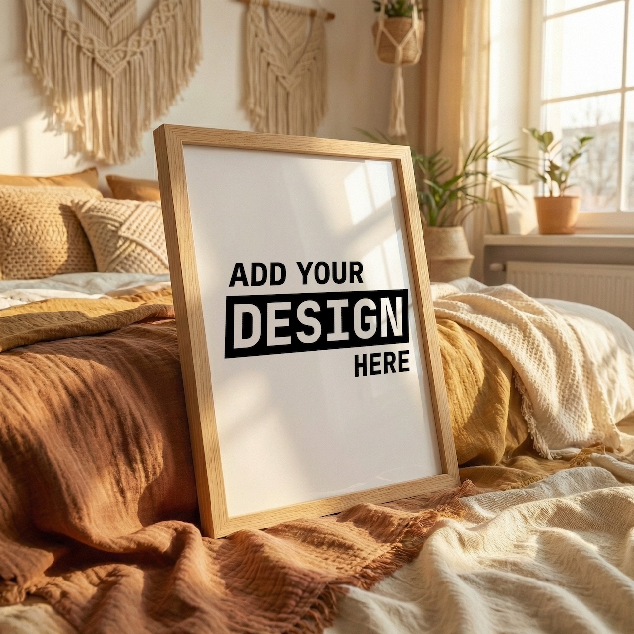 Oak Frame Mockup in Cosy Boho Bedroom