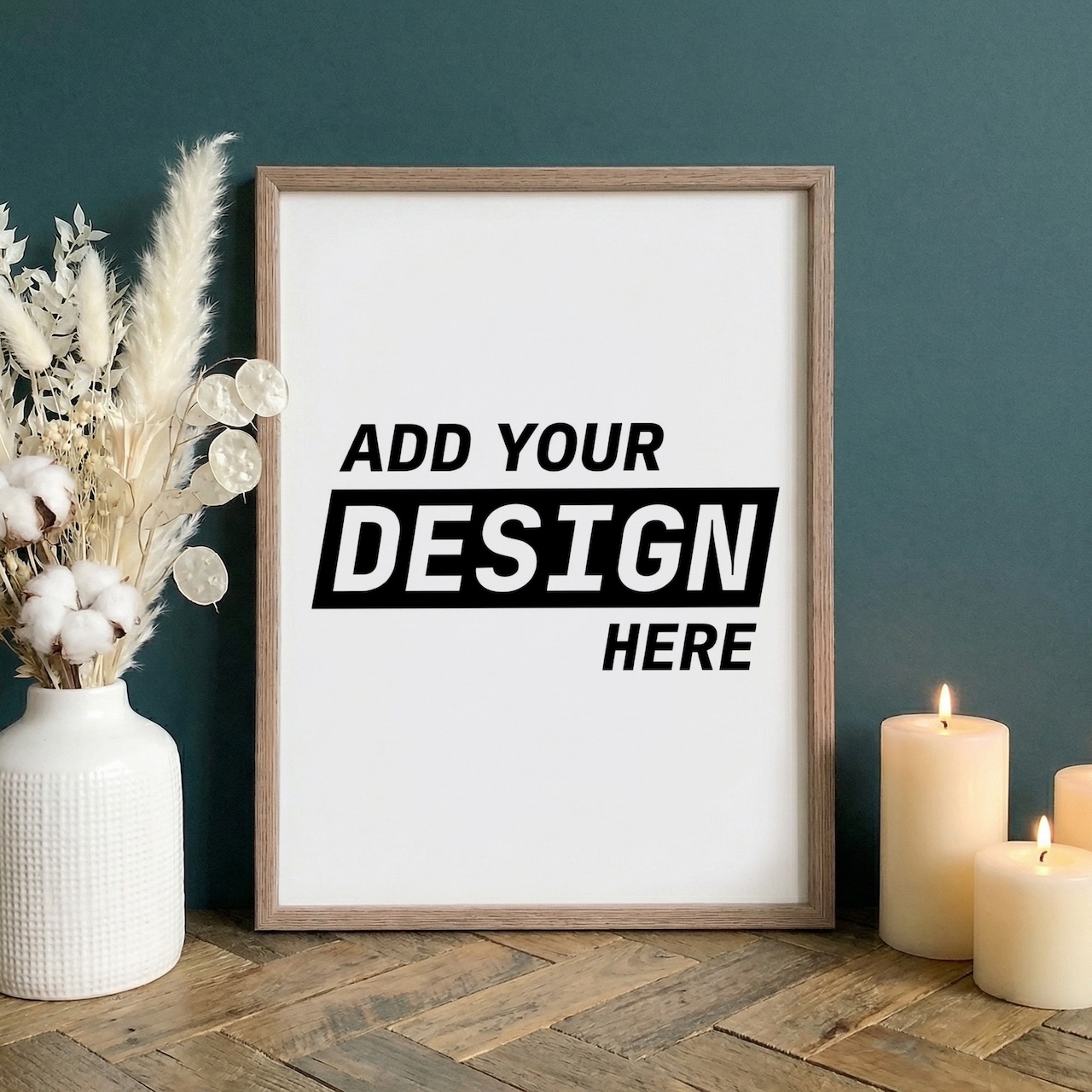 Oak Frame Mockup on Dark Green Wall