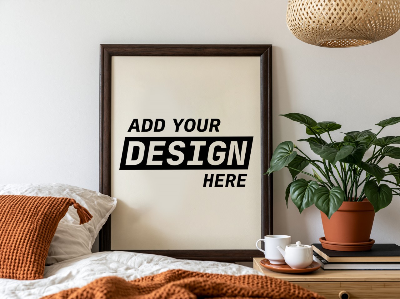 Dark Wood Frame Above Bed with Plant
