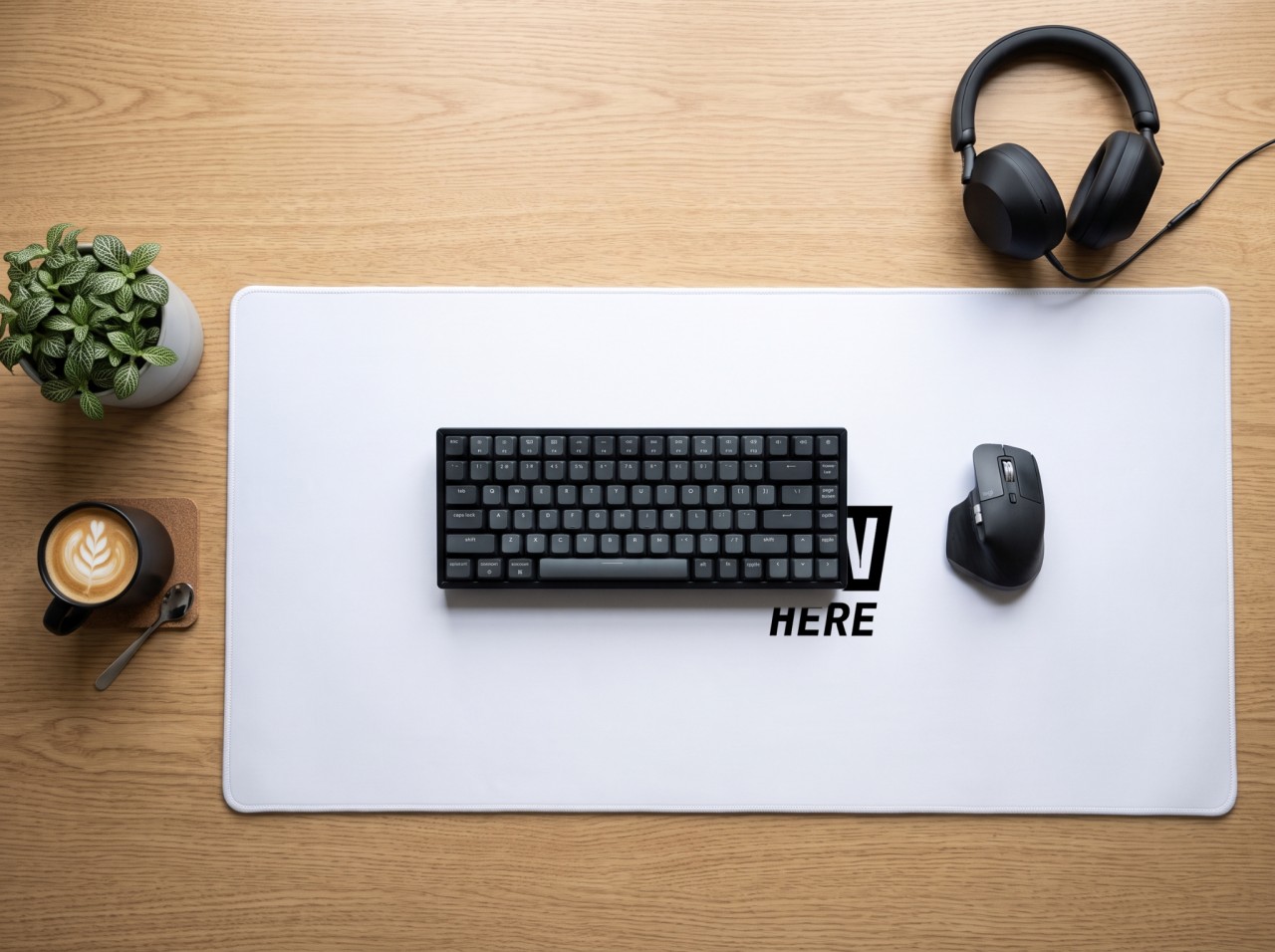 Desk Mat Flat Lay Mockup with Keyboard and Headphones