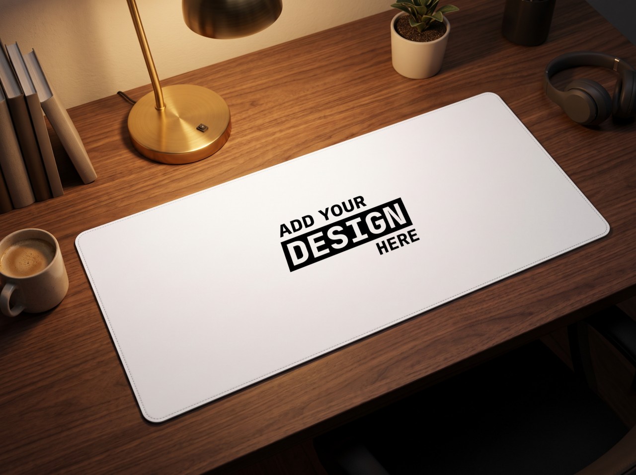 Desk Mat Mockup on a Walnut Desk with a Brass Lamp