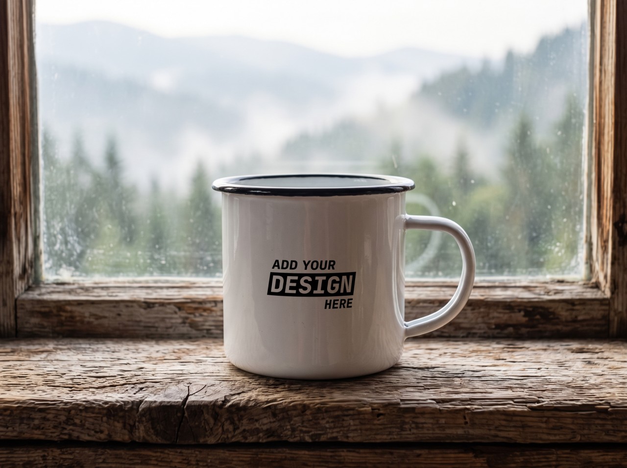 Enamel Camp Mug Mockup on a Cabin Windowsill