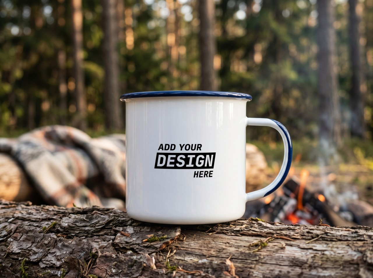 Enamel Camp Mug Mockup on a Log by the Campfire