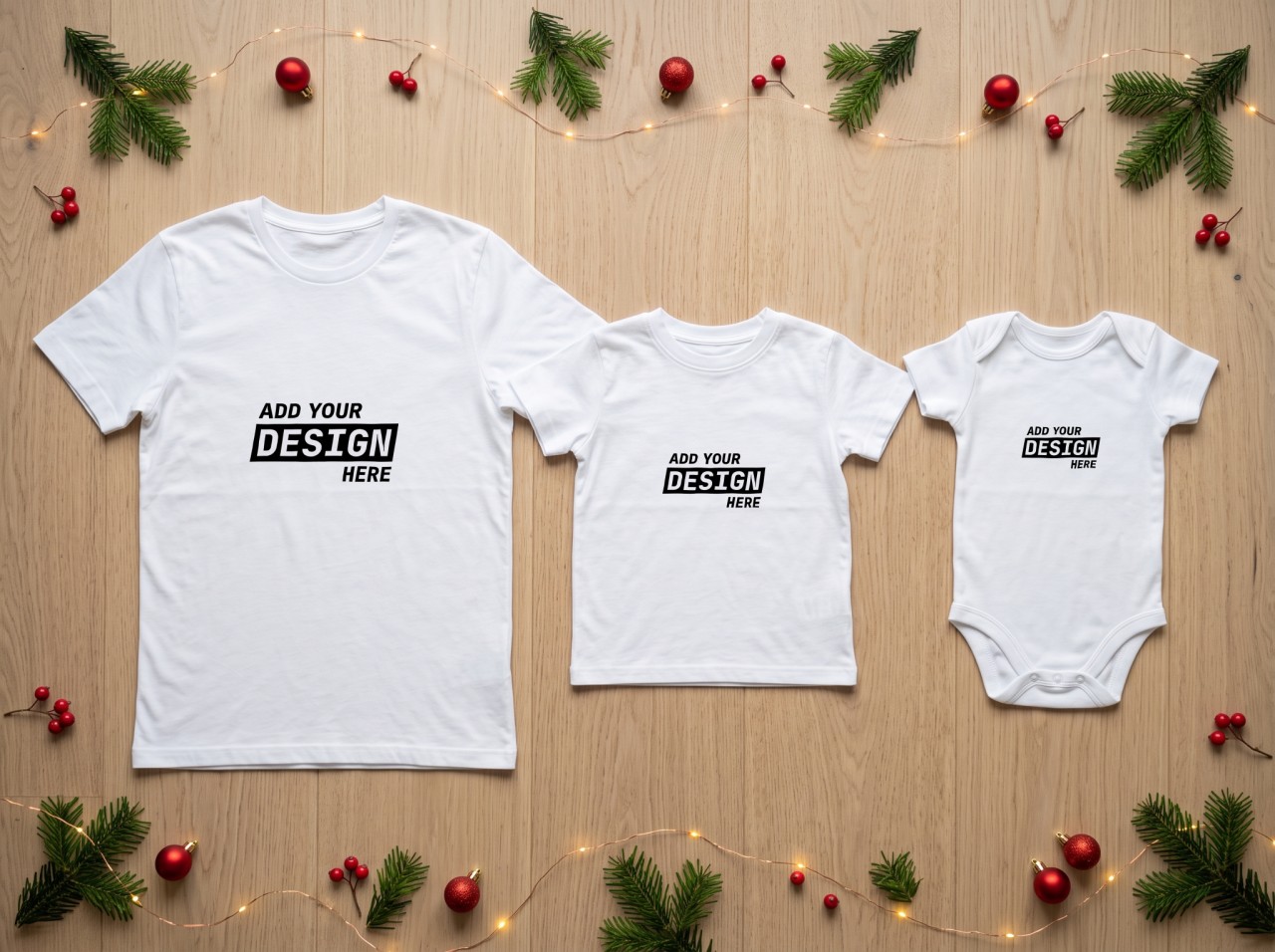 Family Matching Christmas T-Shirts Mockup Flat Lay: Adult, Kid and Baby
