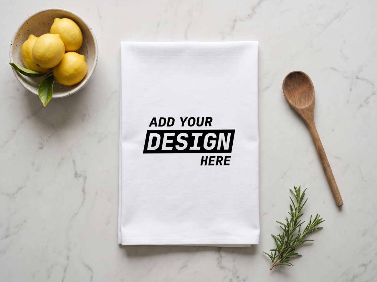Folded Tea Towel Mockup on a Marble Counter with Lemons