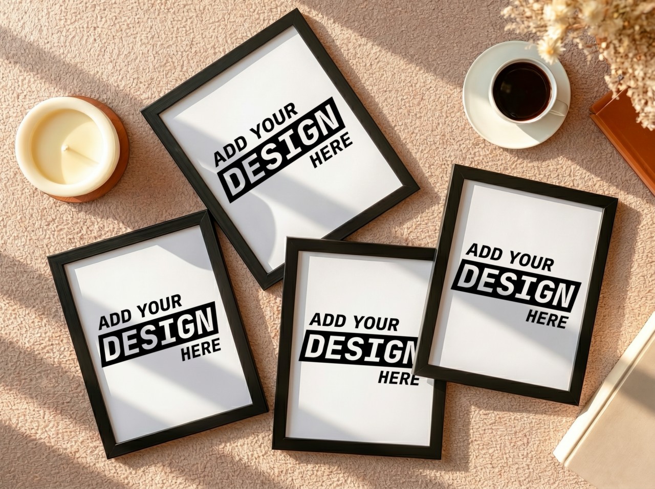 Four Black Frames Flat Lay on Beige Carpet