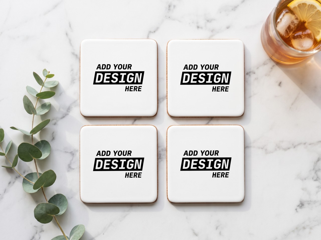 Set of Four Square White Coasters Mockup on a Marble Table