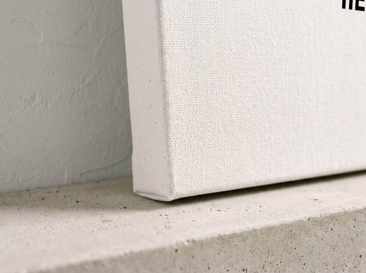 Gallery Wrap Canvas Mockup Corner Close Up with Canvas Texture and a 1.25" Mirror Edge on a Concrete Shelf