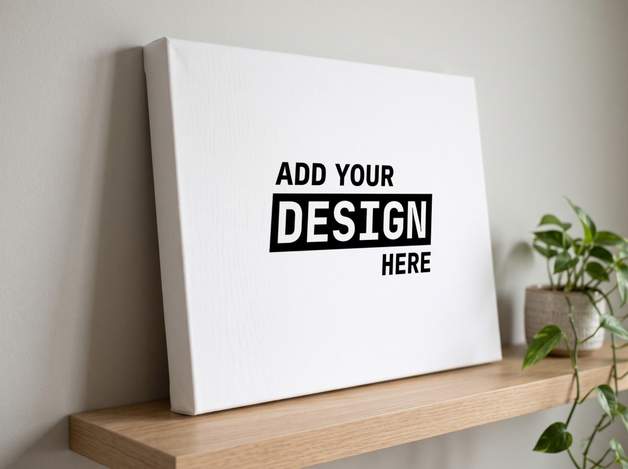 Gallery Wrap Canvas Mockup with a 1.25" Mirror Edge on an Oak Shelf