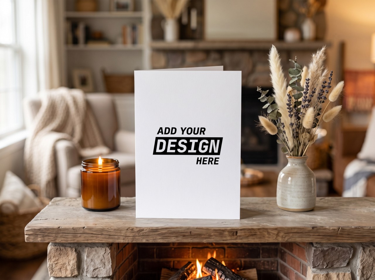 Folded Greeting Card Mockup on a Fireplace Mantel