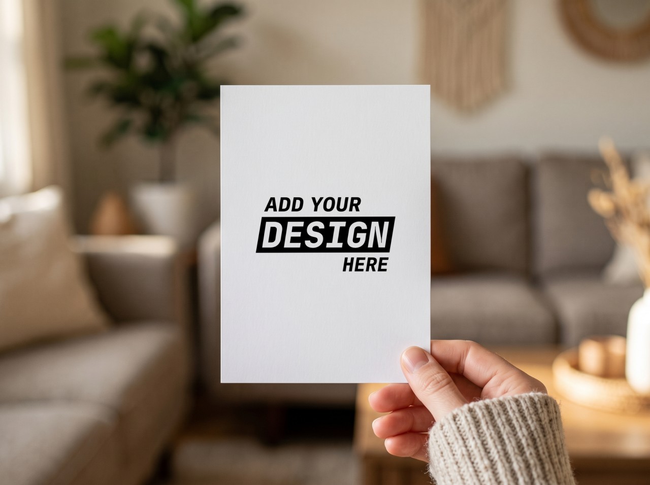 Greeting Card Mockup Held in a Hand in a Cosy Room