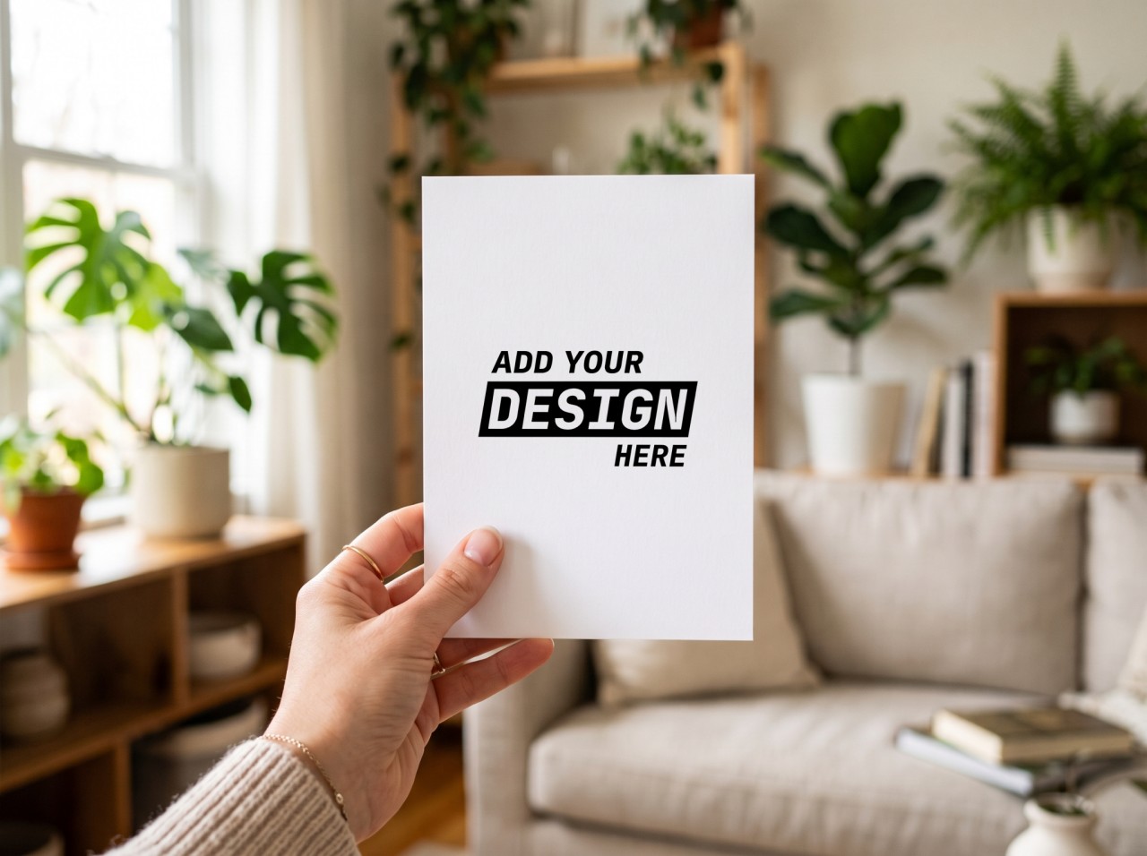 Greeting Card Held in Hand Mockup in a Bright Living Room