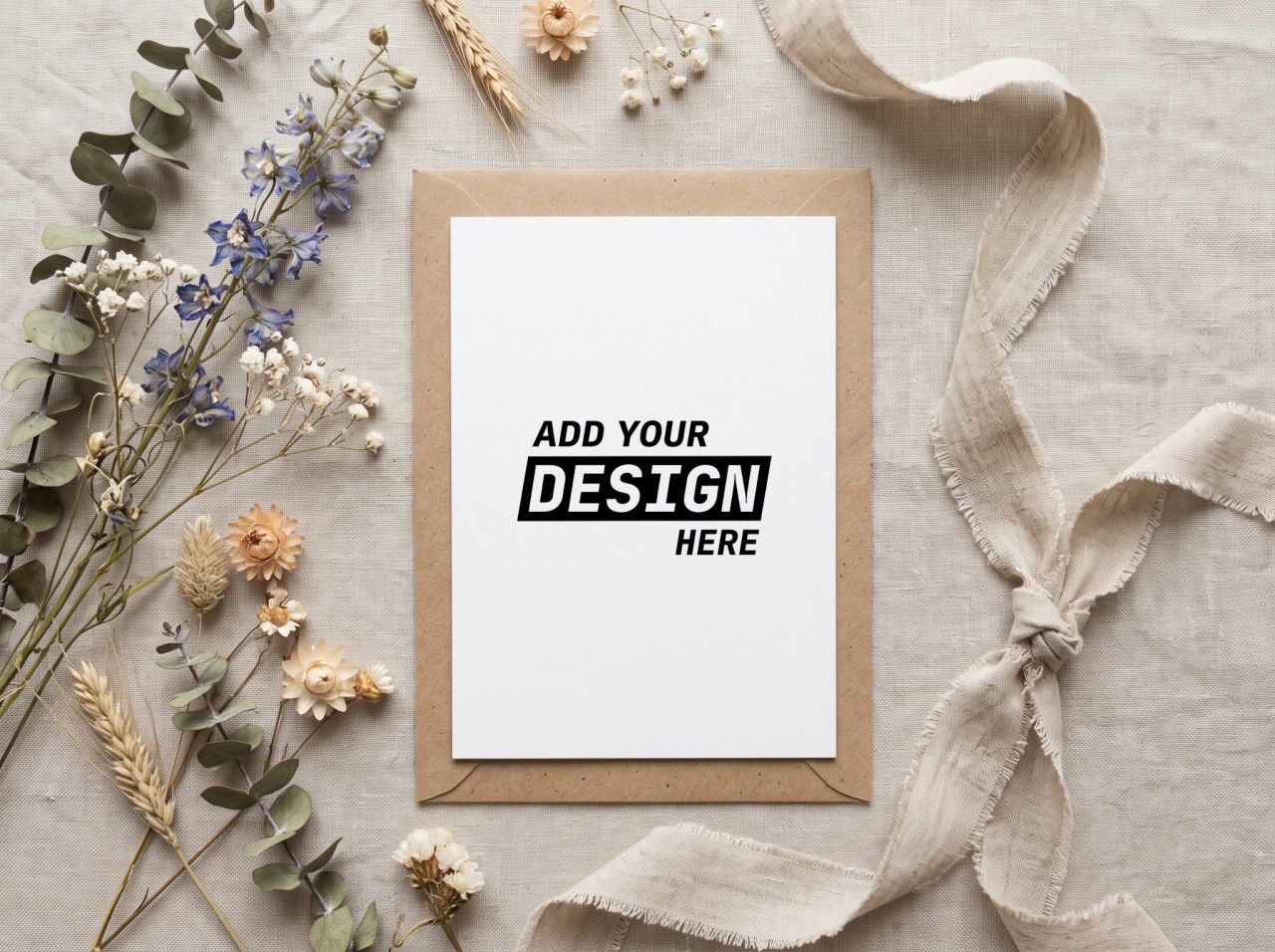 Greeting Card Mockup on a Kraft Envelope with Dried Flowers