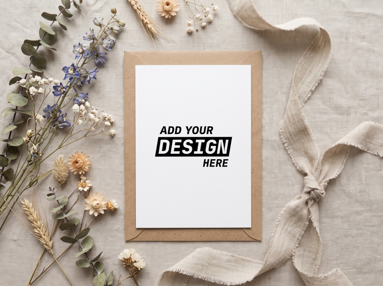 Greeting Card Mockup on a Kraft Envelope with Dried Flowers