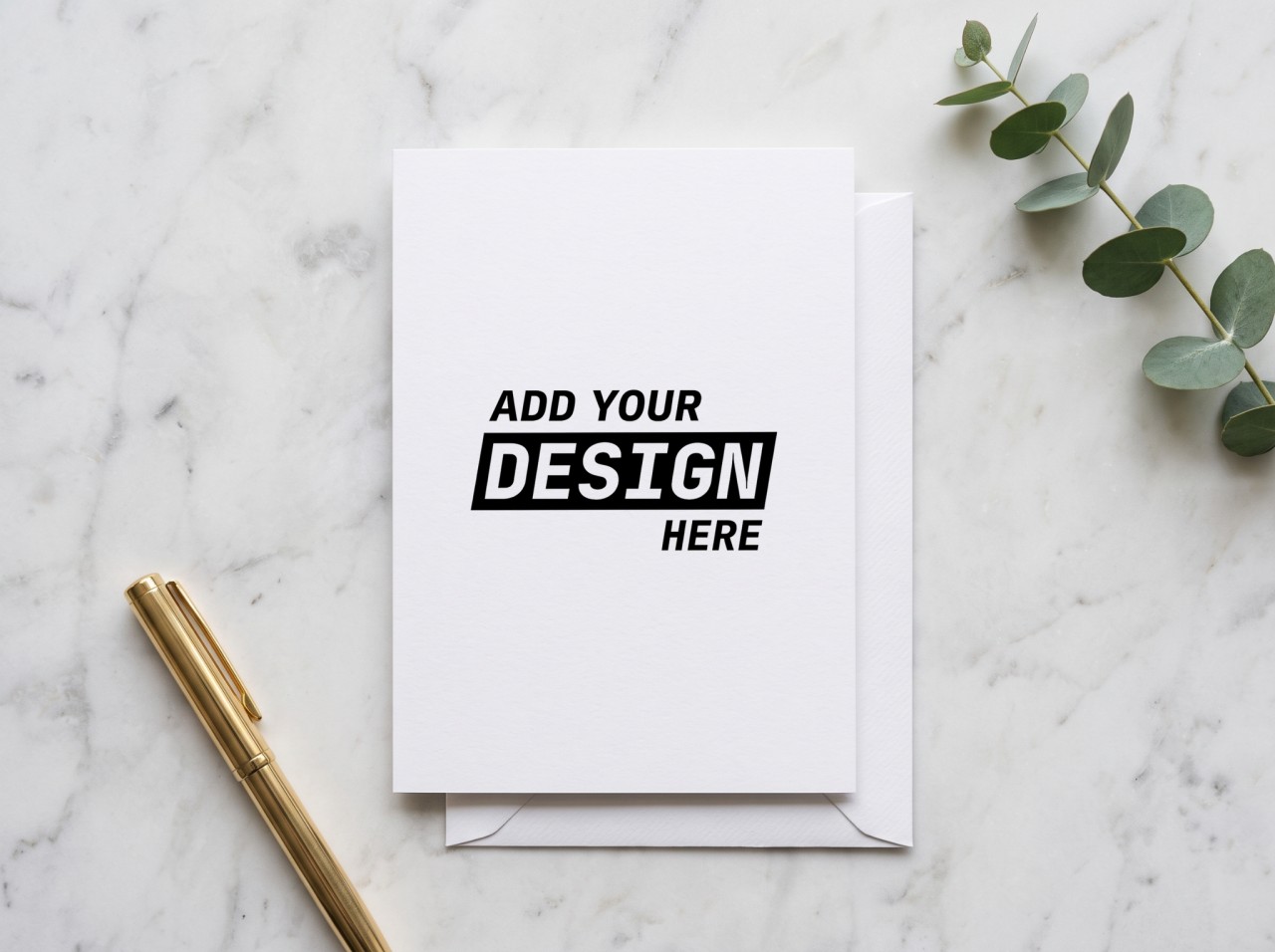 Greeting Card Mockup on White Marble with Eucalyptus
